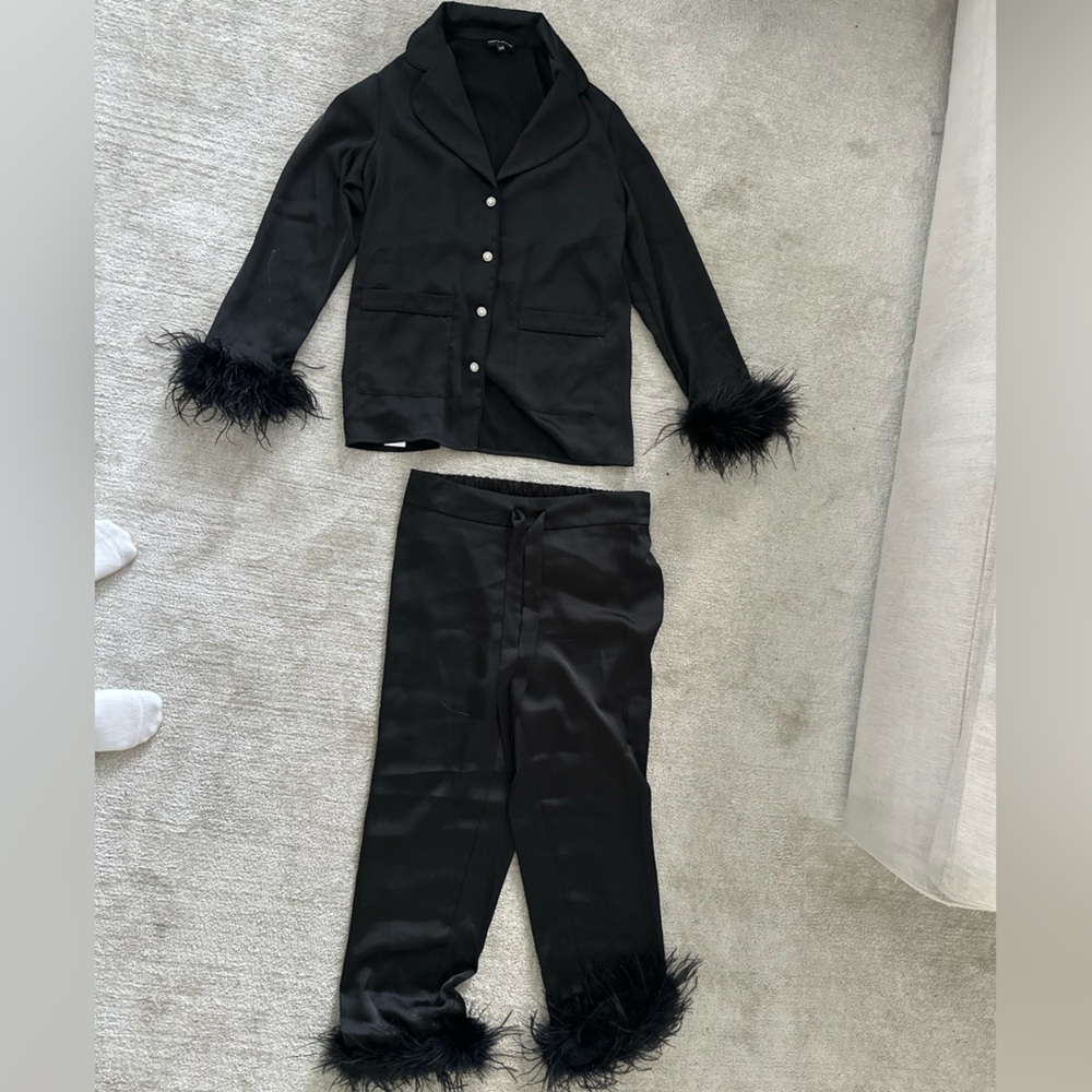 NADINE MERABI Black Feather Trim Pajama Set